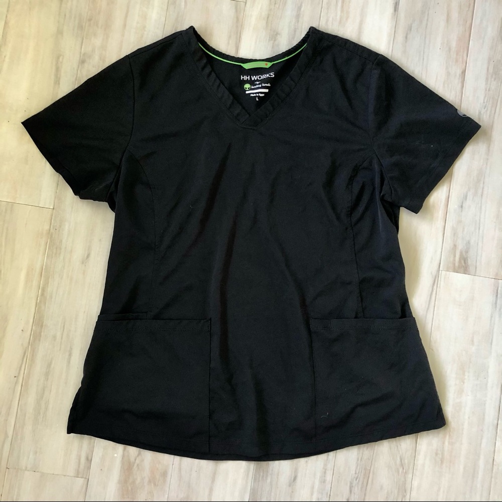 L Healing Hands Black Scrub Top Fitted V-neck